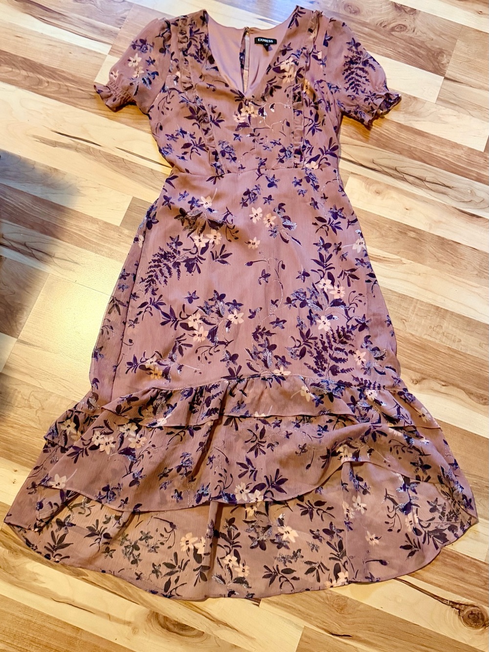 Express Lavender Floral High-Low Ruffle Midi Dress